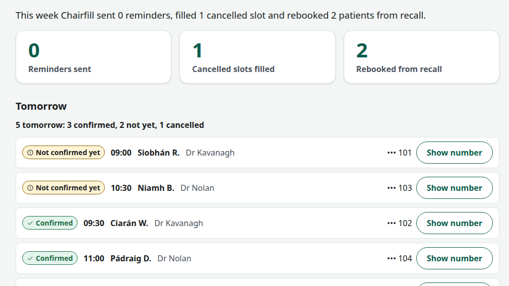 A Turstone workflow dashboard: a one-line summary of the week, three numbers and tomorrow's appointments with confirmation status.